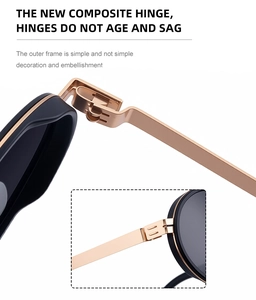 Detail of composite hinge on black and gold oval sunglasses showing durability