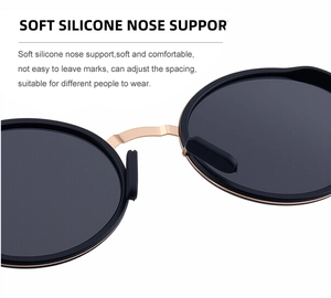 Detail of adjustable soft silicone nose pads on rose gold metal polarized sunglasses