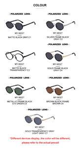 Detailed chart showing 7 color variants of oval polarized sunglasses with metal frames