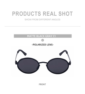 Front view of matte black retro oval polarized sunglasses with gray lenses for driving