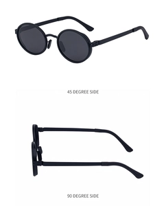 Dual view of black polarized oval sunglasses showing 45 and 90 degree side profiles