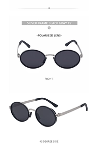 Detail view of silver frame polarized sunglasses with black gray lenses from two angles