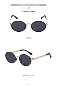Front and 45-degree side views of gold oval metal sunglasses with black polarized lenses
