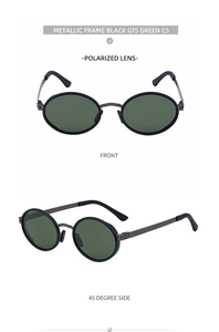 Front and side view of retro oval polarized sunglasses with black metal frame and G15 green lens