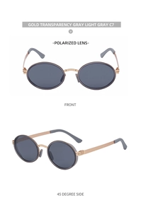Front and side view of gold oval polarized sunglasses with light gray lenses