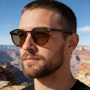 Detail of vintage oval polarized sunglasses with tortoiseshell frame and amber lenses