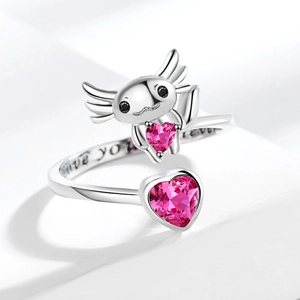 Adjustable silver axolotl ring with pink heart stones and Love you forever engraving