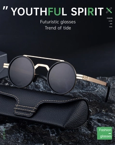 Futuristic round polarized sunglasses with gold double bridge on a black leather case