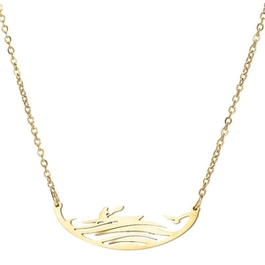 Collier en acier inoxydable doré avec pendentif découpé motif surfeur et vagues de mer