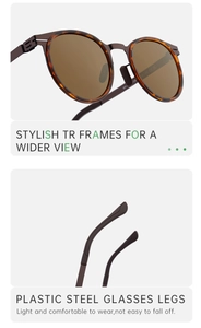 Detail of tortoise frame oval sunglasses with plastic steel temples for a secure fit