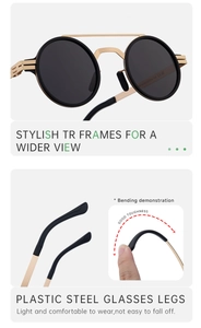 Detail of round polarized sunglasses with high flexibility TR and metal frame legs
