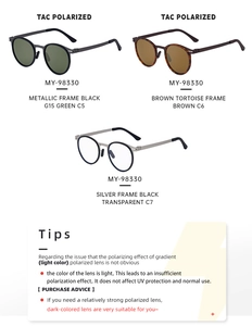 Detailed view of oval polarized sunglasses in three metal frame color variants C5 C6 C7