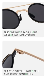 Detail of soft silicone nose pads and durable metal hinges on retro round sunglasses