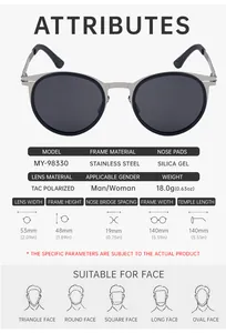 Detailed size chart and specifications for MY-98330 oval polarized metal sunglasses