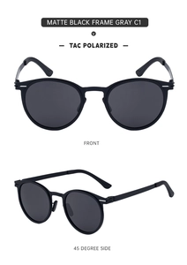 Detail view of matte black oval polarized sunglasses with TAC lenses and metal frames