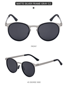 Front and 45-degree side view of matte silver oval metal polarized sunglasses