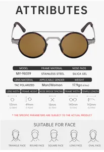 Size chart showing stainless steel polarized round sunglasses frame dimensions and weight