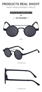 Detailed views of vintage round polarized sunglasses with matte black stainless steel frame