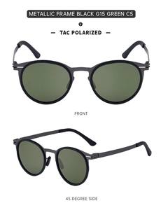 Detail view of retro oval polarized sunglasses with black metal frame and G15 green lenses