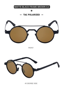 Detailed views of matte black stainless steel polarized sunglasses with TAC brown lenses