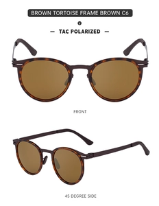 Detailed view of oval tortoiseshell polarized sunglasses with brown TAC lenses and metal temples