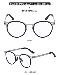 Detail of silver oval metal sunglasses featuring TAC polarized lenses and retro frame