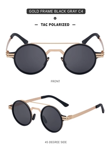 Macro detail of retro gold stainless steel frame with black TAC polarized lenses