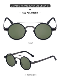 Detail view of round vintage sunglasses with black metallic frame and G15 polarized lenses