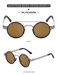 Macro view of silver stainless steel round frames with brown polarized lenses for men