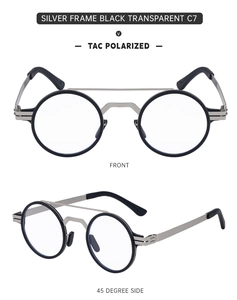 Detailed front and side view of silver dual-bridge polarized round frame sunglasses