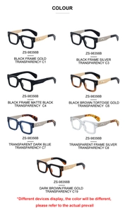 Comparaison détaillée des lunettes carrées ZS-98356B en sept couleurs avec branches gravées