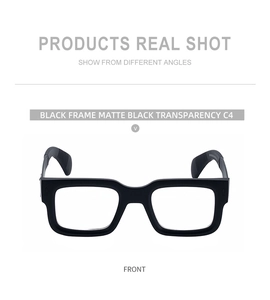 Vue de face de montures de lunettes carrées noir mat avec verres transparents C4
