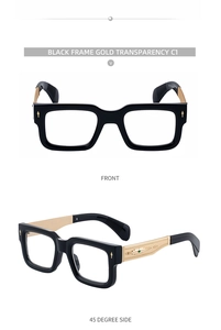 Détail de lunettes de soleil carrées avec branches dorées texturées et décor vert