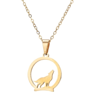 Howling Wolf Silhouette Pendant Necklace Stainless Steel Hollow Cutout Round Animal Jewelry For Women Men