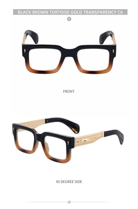 Détails des lunettes carrées avec branches en métal doré, pierre verte et motifs en relief