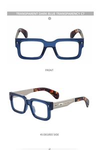 Détail de lunettes de soleil carrées bleu foncé avec gravures métalliques sur les branches