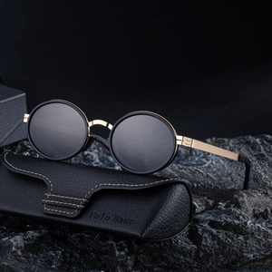Retro oval polarized sunglasses for men with black gold frames and leather case