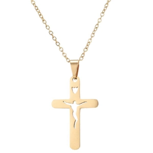 Stainless Steel Cross Pendant Necklace Jesus Crucifix Silhouette Heart Cutout Link Chain Minimalist Religious Women Gift
