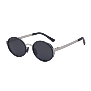 Classic oval polarized sunglasses with vintage silver metal frame and dark black lenses