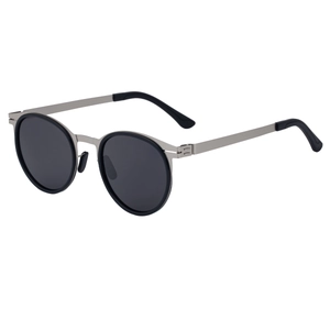 Retro oval polarized sunglasses with silver metal frame and black lenses for men