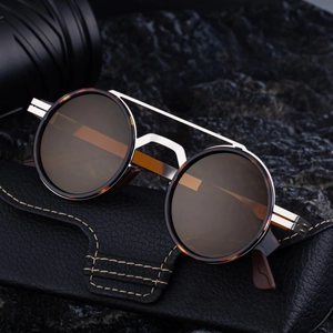 Retro round polarized sunglasses with tortoiseshell frames and silver double bridge on a case
