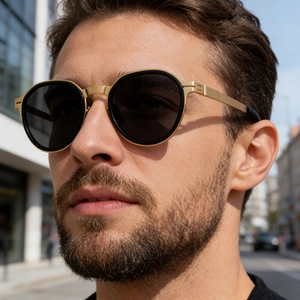 Close-up of retro polarized round sunglasses with gold metal temples on a male model