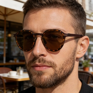 Detail view of round tortoiseshell polarized sunglasses on model in outdoor cafe setting