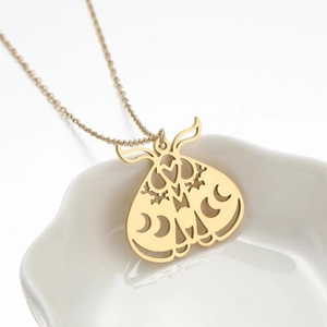 Stainless Steel Moth Pendant Necklace Hollow Moon Phase Celestial Gothic Jewelry Clavicle Chain For Women Girl