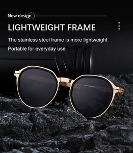 Detail of lightweight stainless steel frame on retro polarized round sunglasses