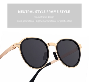 Detail view of round polarized sunglasses with lightweight flexible temples and nose pads