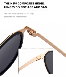 Detail view of durable gold composite metal hinges on black polarized sunglasses frame