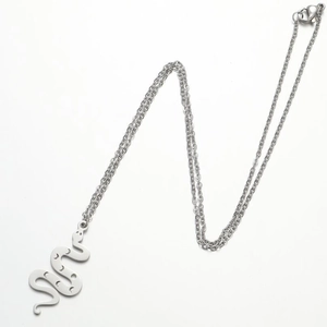 Detailed view of silver snake pendant featuring moon engravings and fine link chain