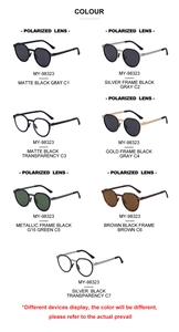 Polarized round sunglasses collection showing flexible temples and various color options