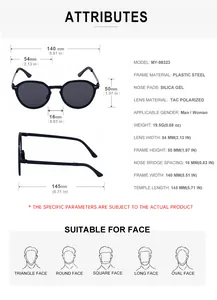 Detailed size chart for polarized sunglasses featuring frame dimensions and face shape guide